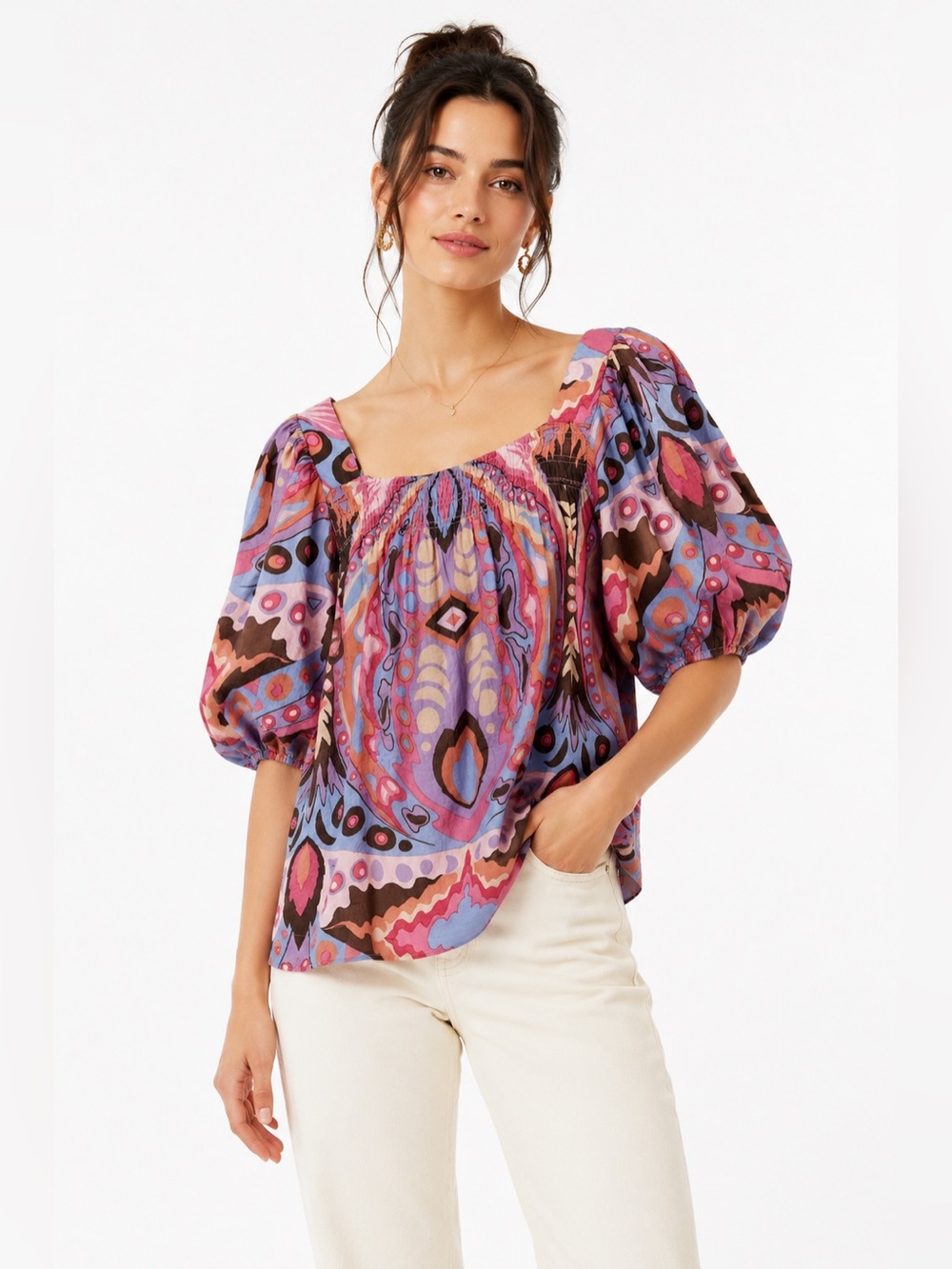 Umgee Boho Puff Sleeve Abstract Print Blouse Square Neck Medium Retro